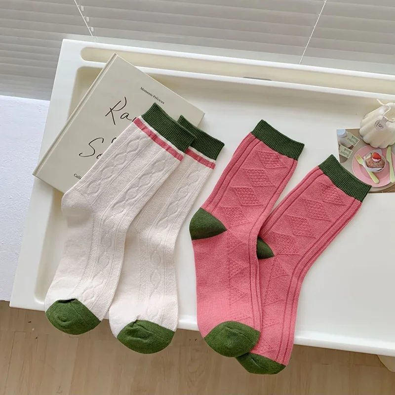 5 Pairs Lot Fashion Women\'s Socks Medium Tube Winter Korean Style Pink Green Striped Knit Breathable Soft Girls Cotton Sock Pack