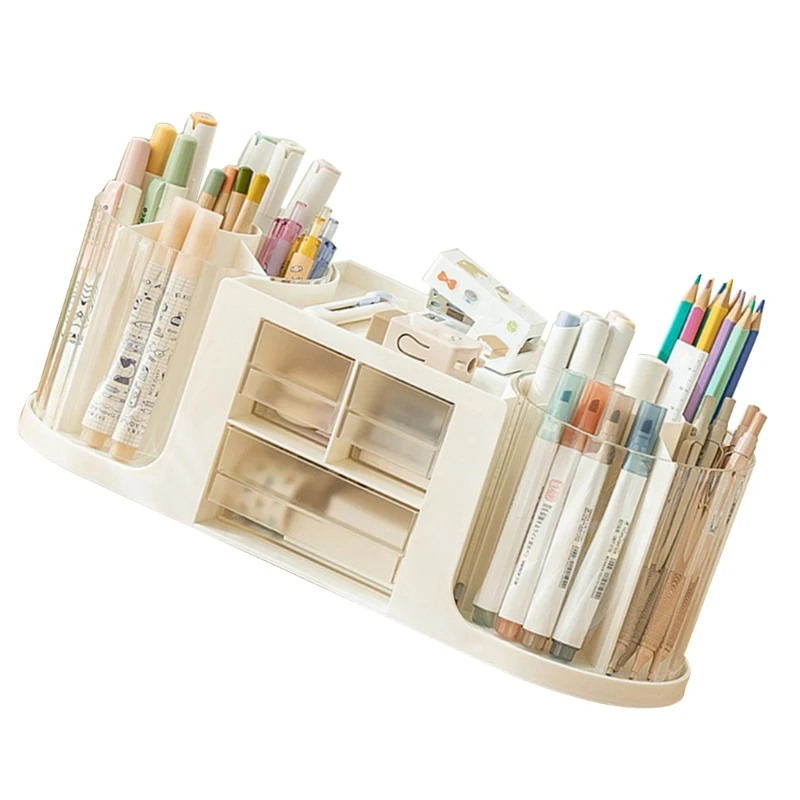 

Makeup Brush Holder Box for School Office Rotating Stationery Storage Case Home Desk Organizers Pen Holder with Drawers