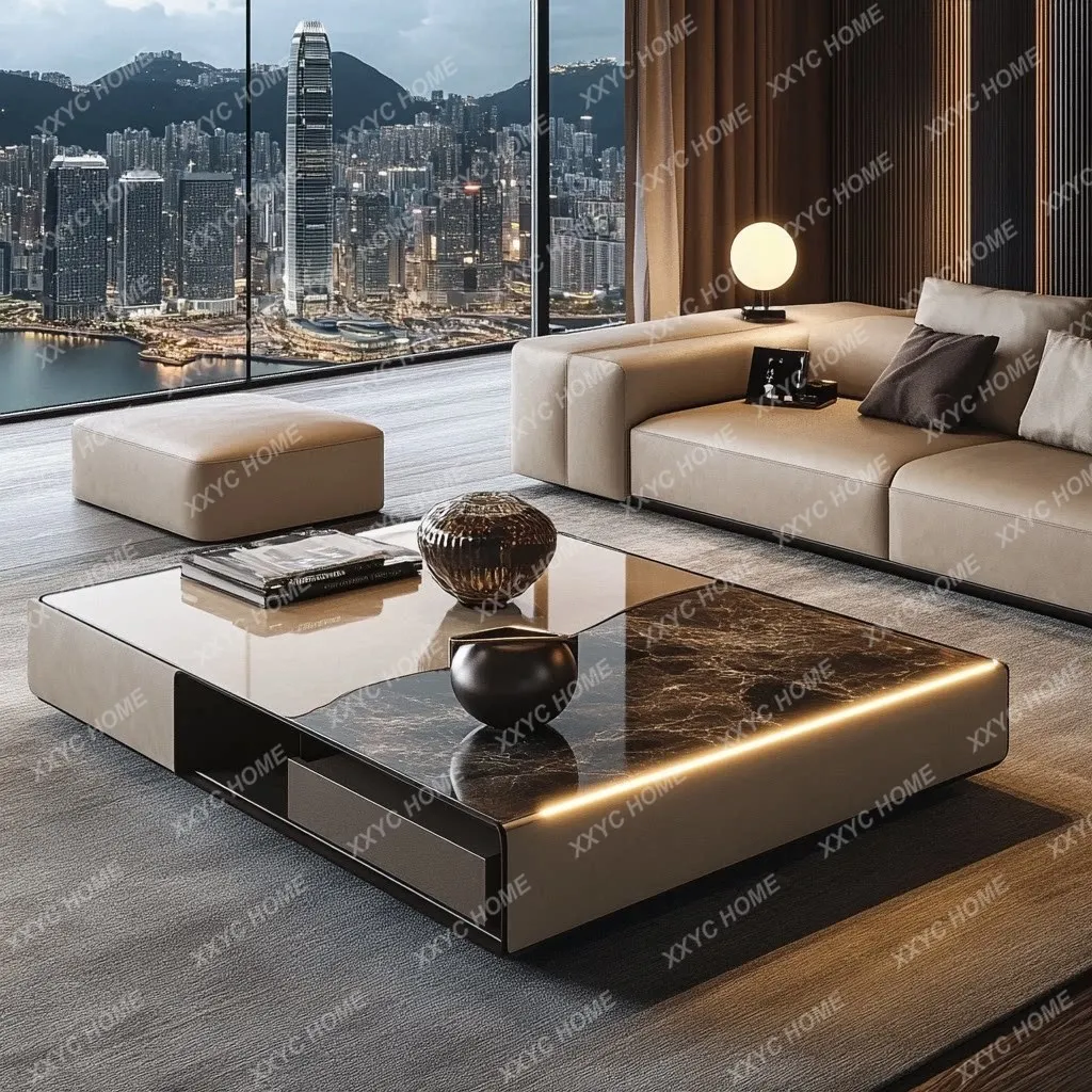 Light luxury luminous coffee table Modern simple natural marble countertop Storage LED living room furniture
