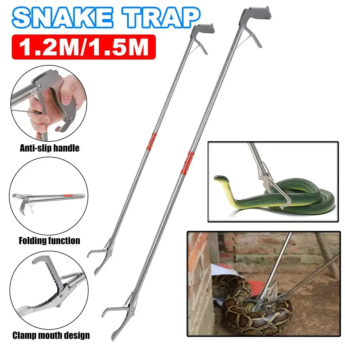 1.2m 1.5m Foldable Snake Tongs Stick Reptile Catcher Grabber Folding Wide Jaw Snake Pliers Stainless Steel Snake Control Tool