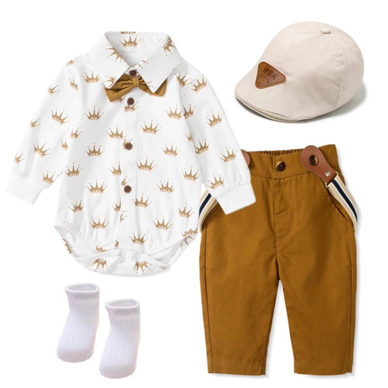 

Boutique Baby Boy Clothes Suit Cotton Infant Toddler Royal Crown Romper Bow Hat Shoes Outfit Newborn Boy Birthday Party Gift Set
