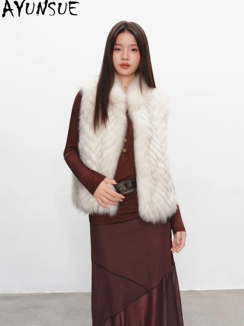 AYUSNUE Women Fox Fur Stitched Vest Loose Stand Collar Straight Sleeveless Gilet Ladies Fox Strip Fur Waistcoat Winter Furry