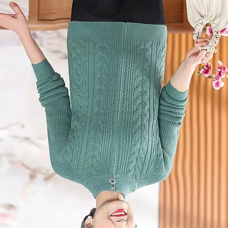 

Autumn Winter New Mid-aged elderly Women Cardigan Knitted Sweater Mother's Long Sleeved Half-Turtle Neck Sweater Coat Female Top
