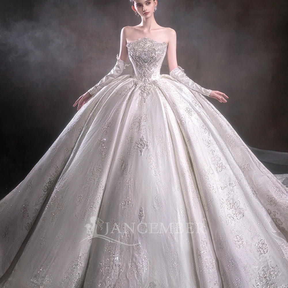 

Customized Wedding Dress Removable Sleeves Princess Vestido De Noiva Sequins Elegant Strapless Wedding Gown With Court Train