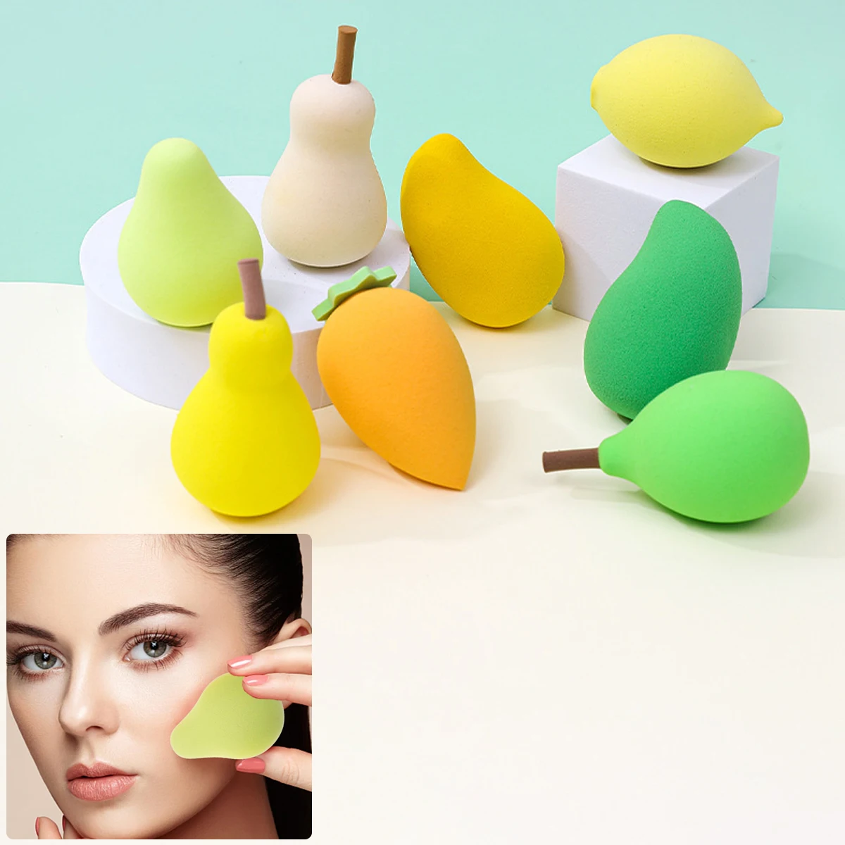 Esponjas de maquiagem em formato de fruta, 8 peças: pincéis extra estranhos fofos - aplicador de base para creme líquido em pó - ferramentas de maquiagem facial