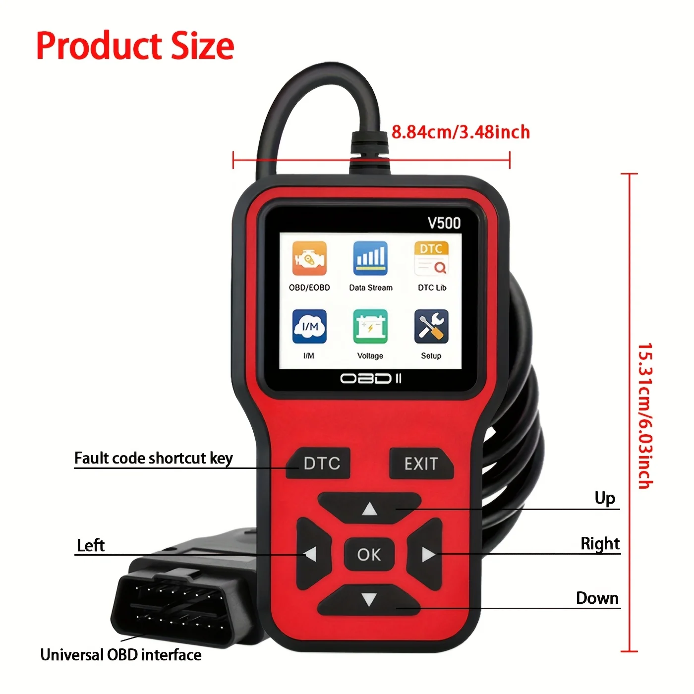 Obd2 Scanner V500 - Car Diagnostic Tool, Fault Code Reader, Voltage Tester, Engine Fault Detector, Obdii Compatible, No Battery Required