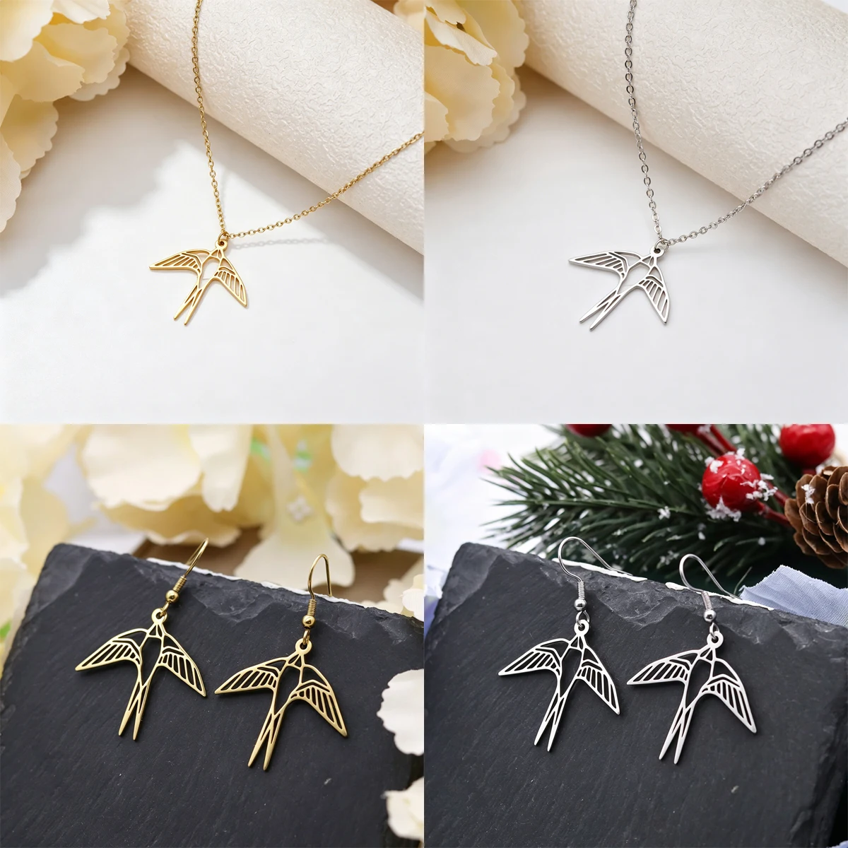 Trendy Swallow Jewelry Set Stainless Steel Hollow Flying Bird Pendant Necklace Hook Drop Earrings Jewelry Gift for Women