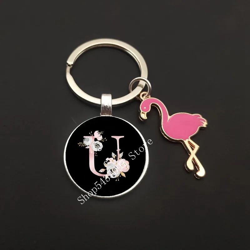 New Flamingo Keychain A-Z Letter Glass Keychain Pink Flamingo Animal Keychain Male and Female Romantic Inspirational Keychain