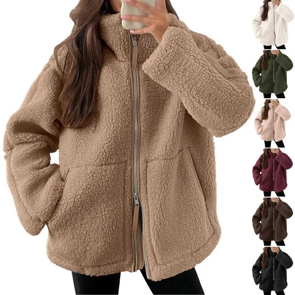 Winter Chic Girl Lamb Fleece Women's Short Jacket Zipper Long Sleeved Pocket Warm Coat Fashion High Street Female Outerwear