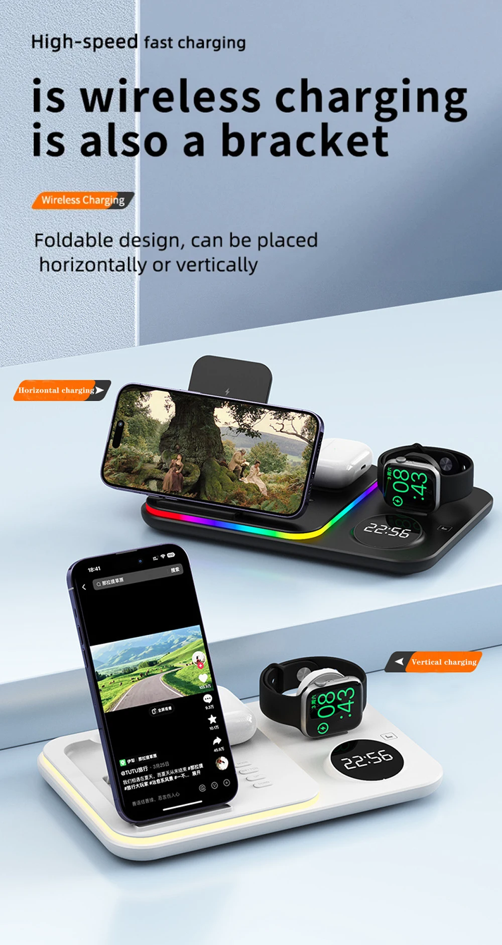 5 in 1 Wireless Charger For Apple Watch iPhone Fast Charging Dock Station For Samsung Galaxy Phones Galaxy Watch 6 5 4 Classic