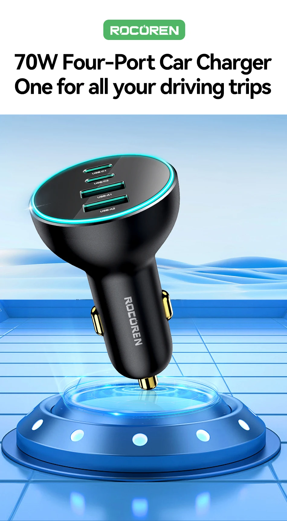Rocoren 4-in-1 USB-C-Autoladegerät, 70 W, schnelles Aufladen, USB-Typ-C-Autoladegerät, PD QC4.0, Autoladegerät-Adapter für iPhone, Xiaomi, Samsung – Detail 1
