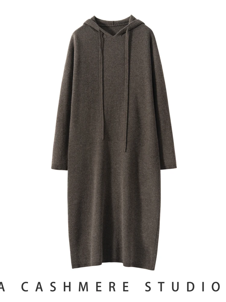 Tloml feminino 100% vestidos de camisola de caxemira com capuz vestidos de uma peça outono inverno macio quente malhas de caxemira casual estilo simples