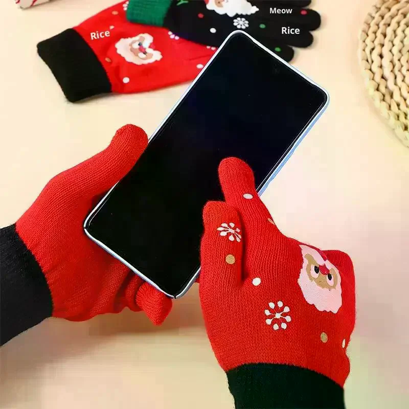 Christmas Cartoon Knitted Gloves Santa Claus Print Gloves Winter Warm Touchscreen Gloves For Kids Adults Xmas Gift