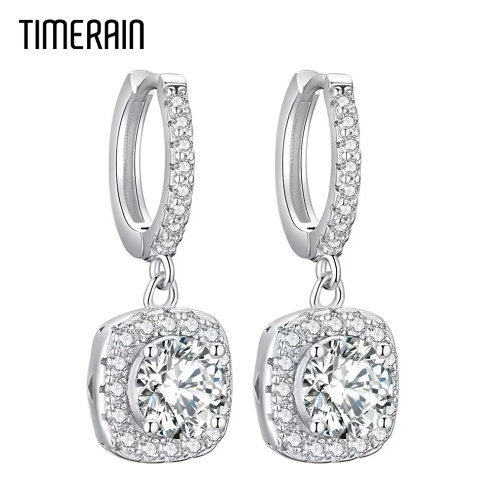 Timerain 1 Carat Square Moissanite Drop Earrings Brilliant Bridal Engagement Wedding Jewelry S925 Silve Dangle Earring Nice Gift