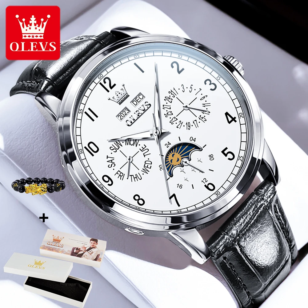 OLEVS 6698 New Moon Phase Mechanical Watch For Men Number 42mm Big Dial Leather Hand Clock Waterproof Automatic Man Watches 2024