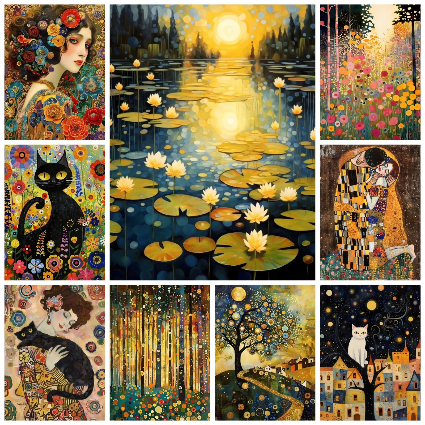 Diamantmalerei-Set im Klimt-Stil: Frau mit Katze, goldener Mond, Sternennacht, 5D-Vollbohr-Mosaik für Vintage-Kunstgeschenk