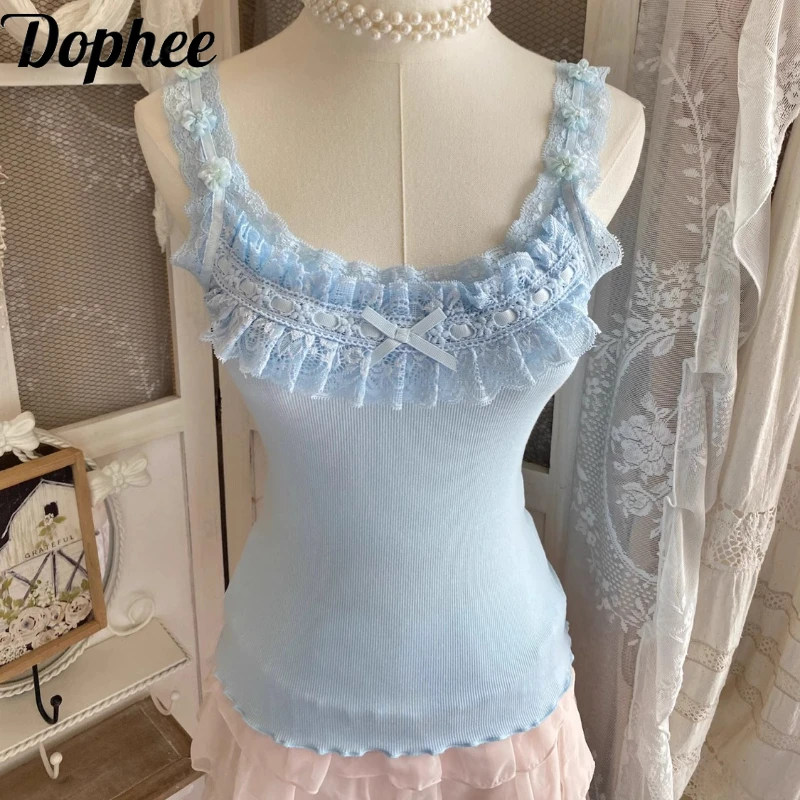 

Dophee Original Sweet Girl Базовые майки Топ в японском стиле Милый кружевной бант Тонкий пуловер с круглым вырезом Топ женские рубашки в стиле Лолиты без рукавов