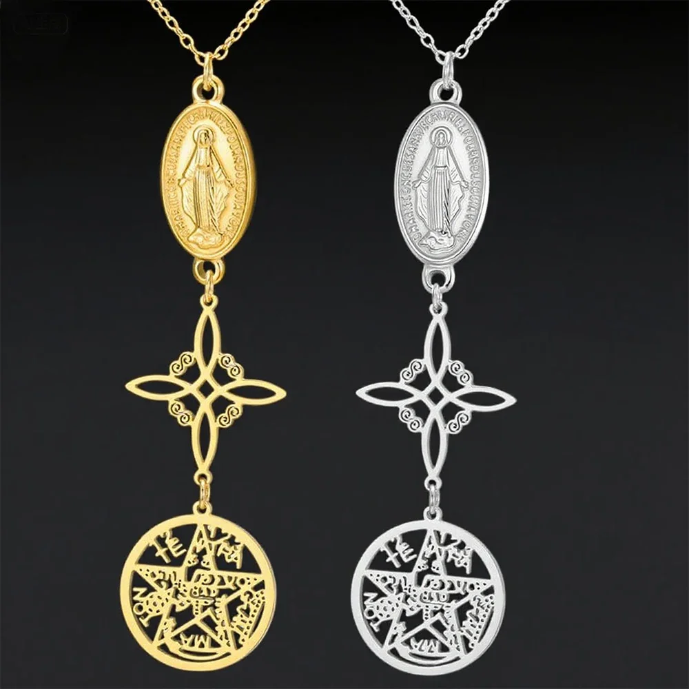 Triple Protection Necklace Virgin Mary Witch Knot Pentagram Tetragrammaton  Stainless Steel Double-side Jewerly