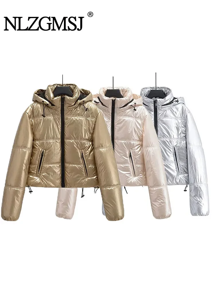 Nlzgmsj TRAF Woman Crop Hooded Puffer Jacket Silver Long Sleeves Zipper Parka 2024 Winter Short Jacket Outerwear