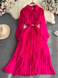 Spring Autumn Elegant Long Dress Women Turn Down Collar A-line Vintage Pleated Dresses Ladies Slim Long Sleeve Chiffon Long Robe