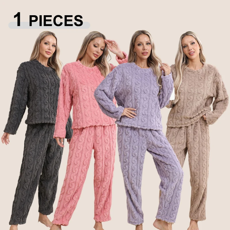 Winter Thermal Pajama Sets For Women Coral Velvet Jacquard Thickened Keep Warm Loungewear Solid Color Soft Comfortable Sleepwear