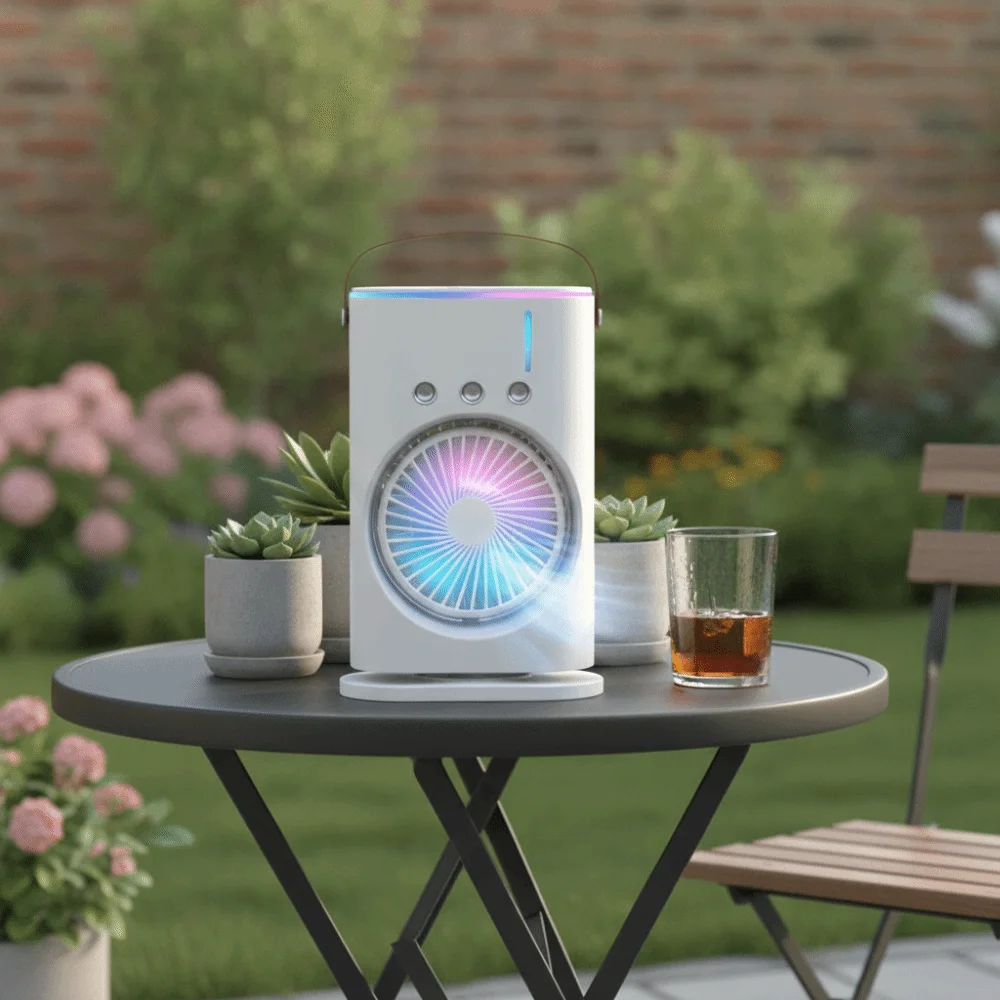 USB-Aufladbarer Luftkühler mit Farbigen Lichtern, Tragbarer Zirkulationsventilator, Wassersprüh-Befeuchtungs-Luftkühler, Ventilator für Büro – Detail 8
