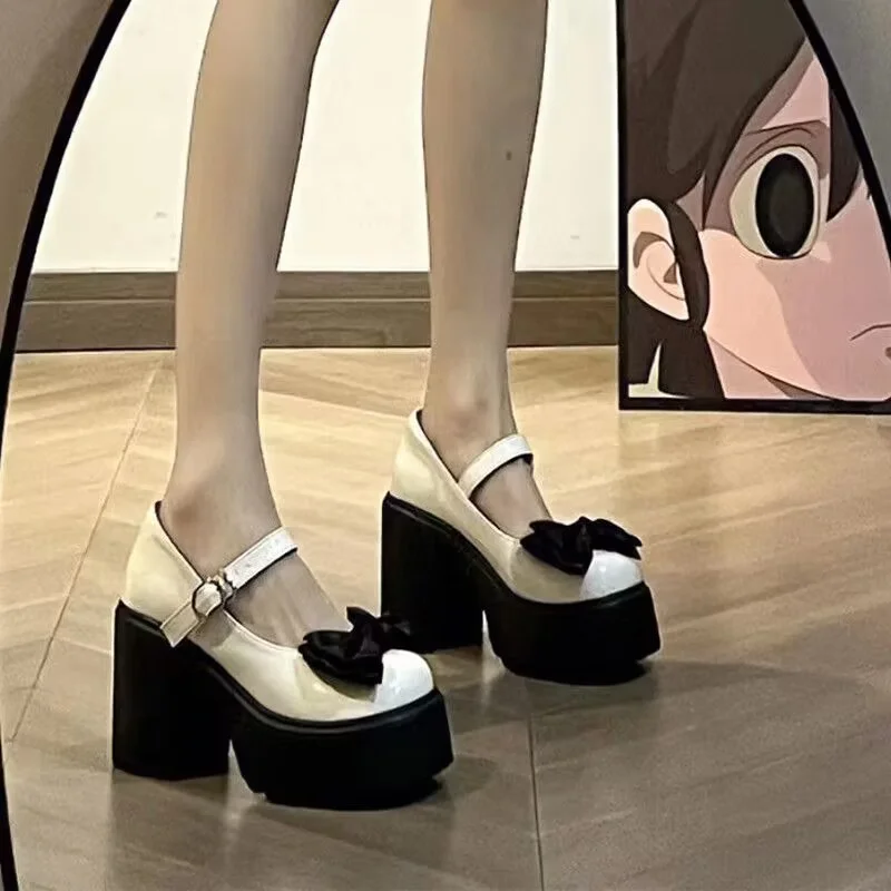 Spring Thick Heels Platform Janes Women Sweet Lovely Ankle Strap Lolita Shoes Woman Patent Leather Bow tie High Pumps