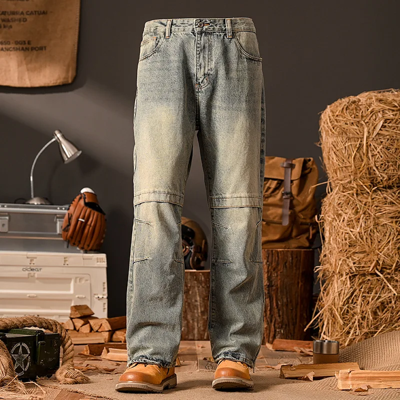 

High street retro distressed loose straight leg jeans for men, street fashion casual washed Korean version fashionable pants