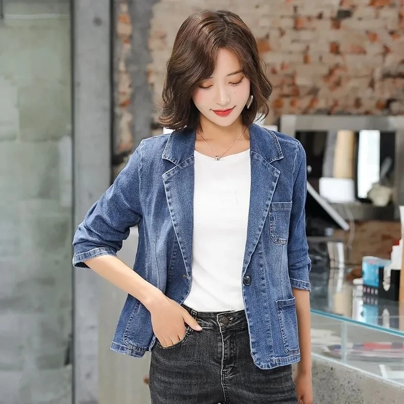 Korean Womens Denim Suit Jacket  Spring Autumn New Pocket Jeans Outwear Female Slim One Button Long Sleeve Denim Blazers Coat