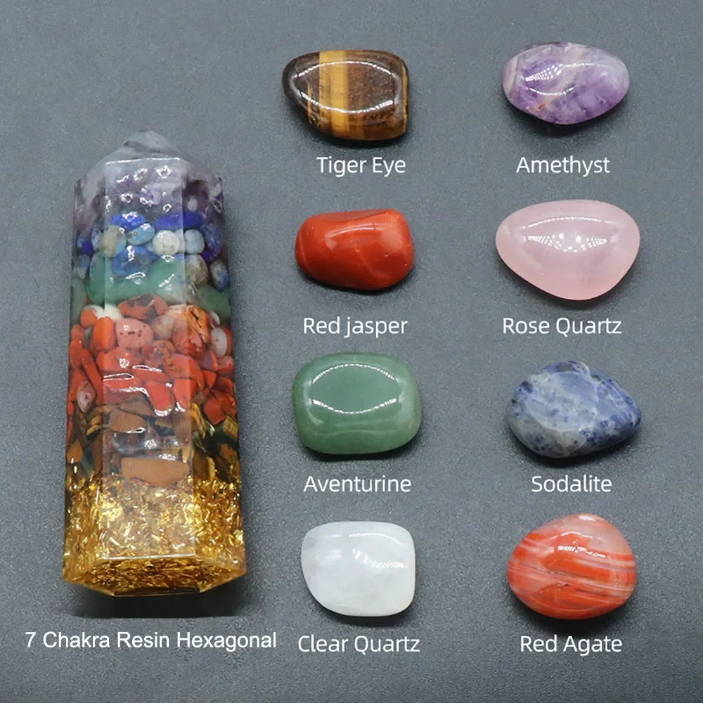 Healing Crystals in Resin Points Wands for Reiki 7 Chakra Tumbled Stone Mediation Therapy Ornament Set