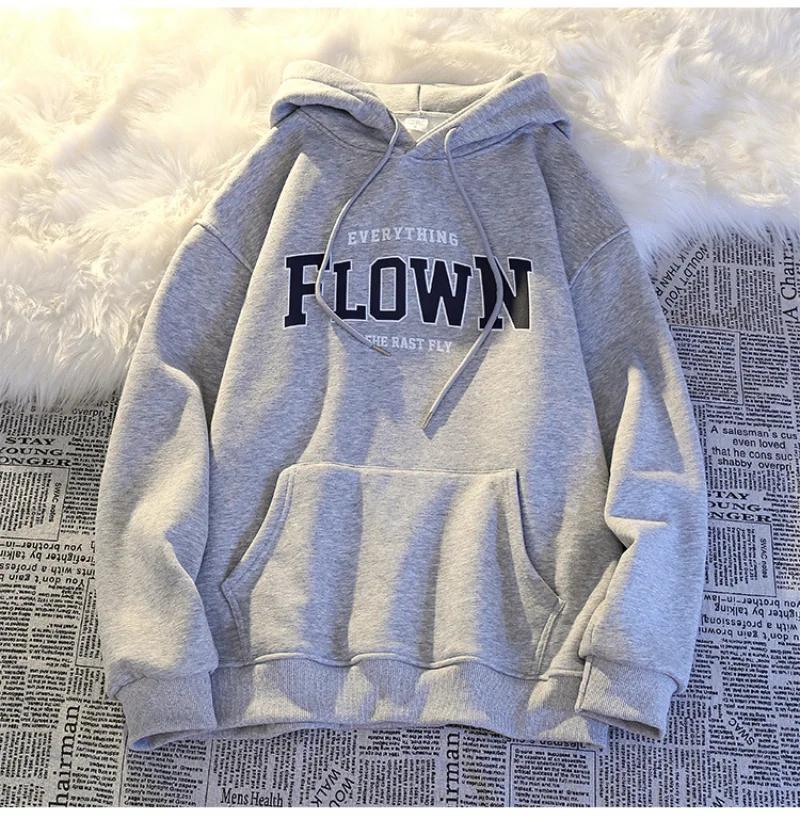 FLOWN Letter Printed Hoodies Men/Women Casual Fashion Hooded Shirt Long Sleeves Pullover Sweatshirts Oversized Unisex Clothing