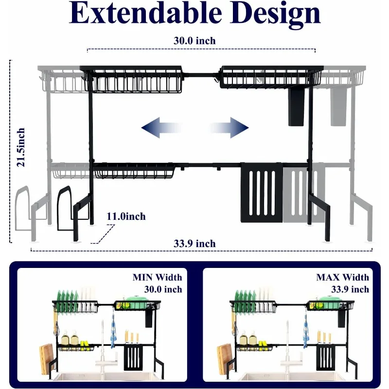 Over The Sink Dish Drying Rack - 30.0" to 33.9"x21.5", Adjustable Sink Drying Rack for Kitchen Sink with Large Capacity, 2-Tier
