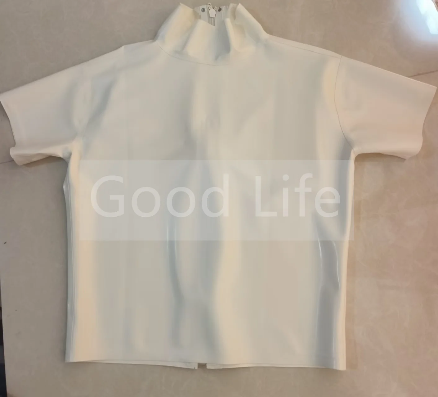 Handgefertigte Latex-Gummi-Tops für Damen, schmale Kurzarmhemden mit Reißverschluss hinten, weiße Latex-Damenhemden, 0,4 mm, Halloween-Kostüm
