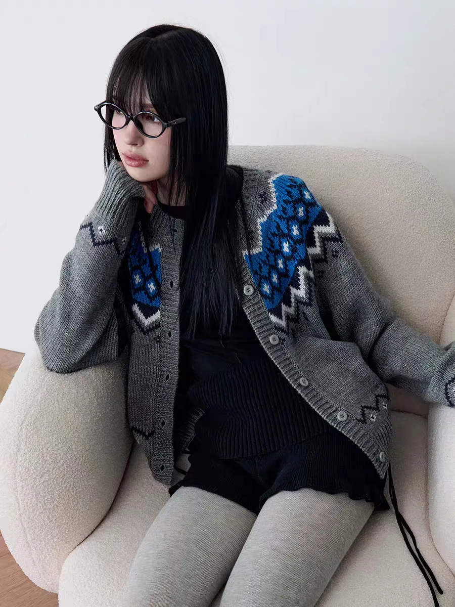 レディースニット花柄オープンカーディガン エスニックスタイル デイリーウェア 中程度の柔らかさ 長袖 丸首 暖かさを提供