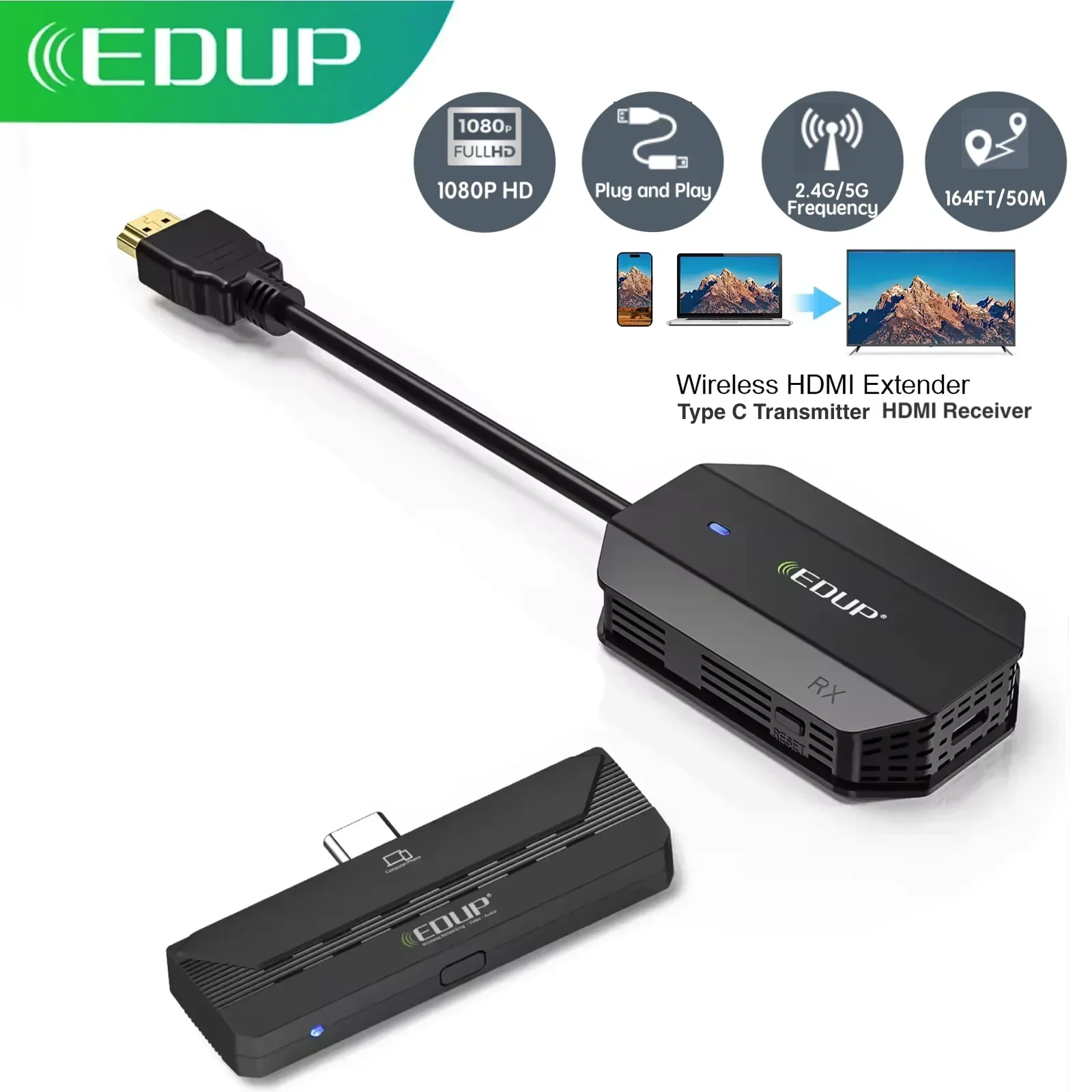 50M Wireless HDMI Extender 4K Decode 1080P Output 2.4G/5G Support Type-C 3.1 USB-C Port Smartphone Laptop with DP-Alt Black