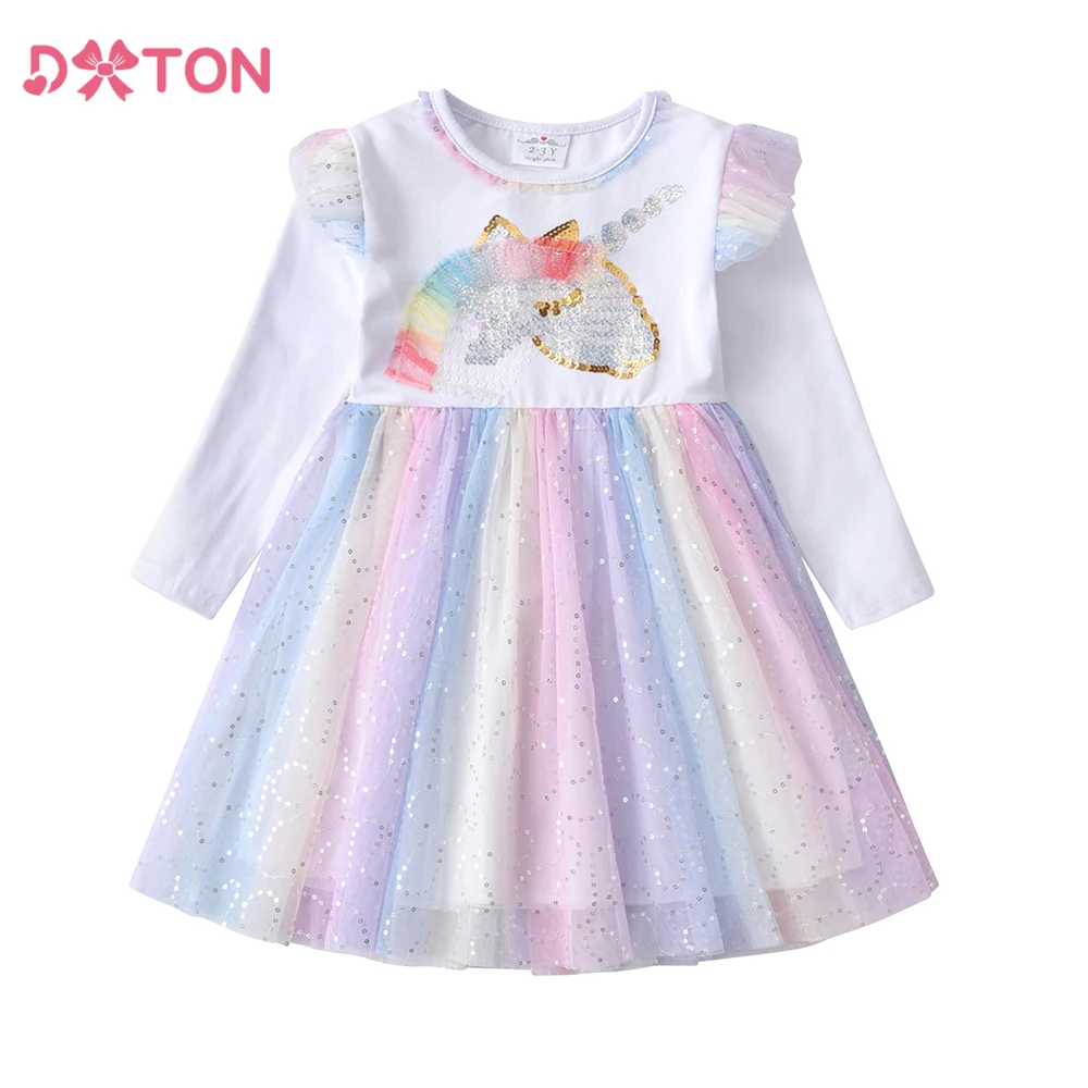 

DXTON Kids Casual Girls Dresses Unicorn Sequin Cartoon Princess Tutu Dress Gradient Autumn Children School Daily Party Costumes