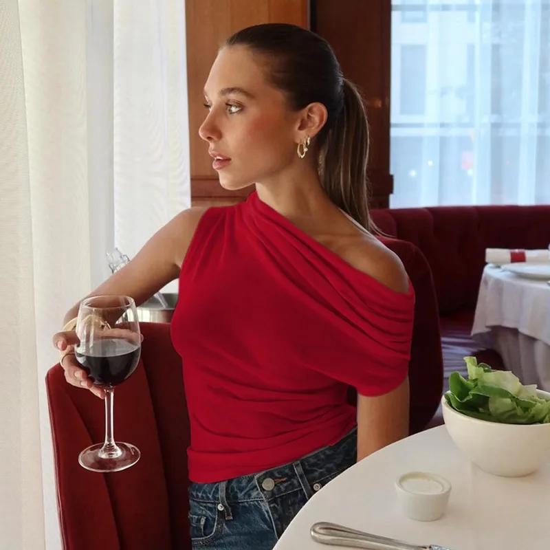 Cryptographic Elegant Fashion Ruched Asymmetrical Tops Casual Outfits Solid Sexy Cropped Tops Basic T-shirt Tee Summer Clothes