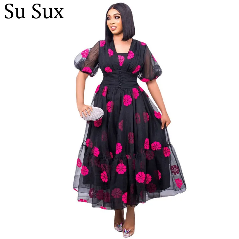 

Mesh Maxi Dress African Dresses For Women Robe African Clothes Print V Neck Puff Sleeve A Line Dress Robe 2022 Clothing