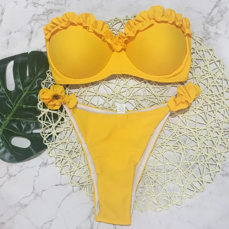 Solid Color Lace-up Bikini Set 2025 New Women 2-piece Bow Swimsuit with A Stays Sexy V-neck Suspender Backless Bathing Suit