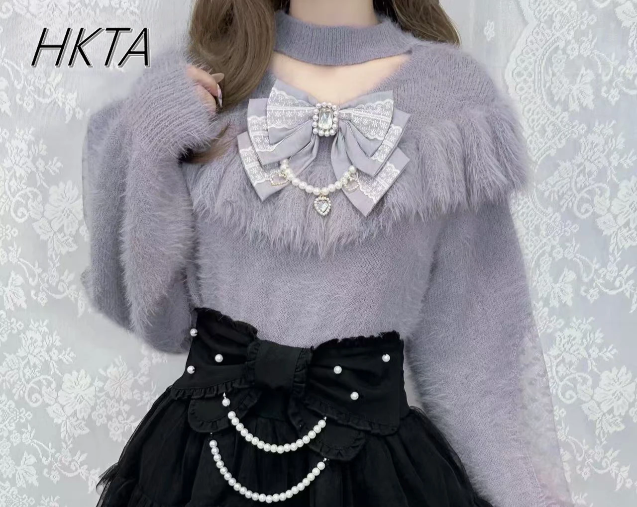 Japanese Mine Series Sweet Rhinestone Lace Bow Halter Imitation Mink Hair Sweater Girls Lolita Soft Knitted Top Women's Pullover