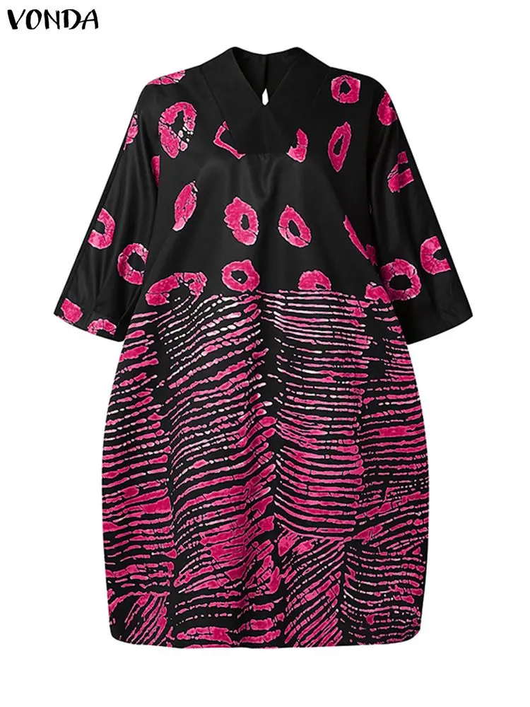 فوندا البوهيمي طباعة فساتين صغيرة النساء 3/4 كم الخامس الرقبة عادية فضفاض حفلة فيستدو عطلة موضة رداء كبير الحجم حجم كبير 5XL