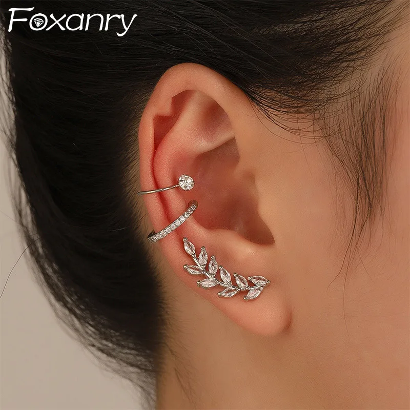 Foxanry-pendientes de Clip geométricos con hojas de circón brillante para mujer, temperamento moderno, regalos de joyería de aniversario simples y elegantes