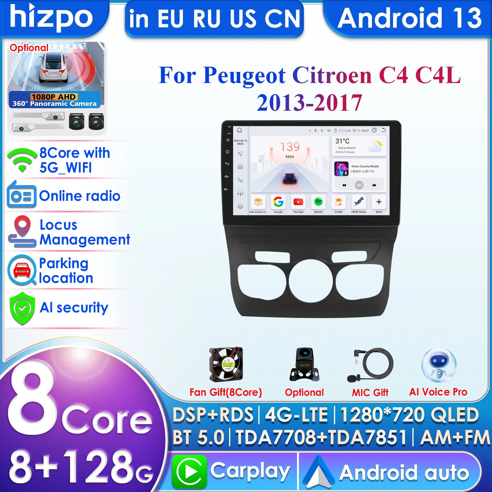 Hizpo AI Wireless Carplay Radio Android Screen for Citroen C4 C4L DS4 2013 - 2017 Multimedia Receiver Auto WiFi GPS Head Unit BT