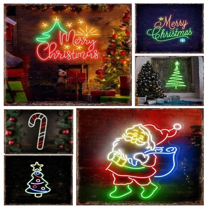 คริสต์มาสป้ายโลหะดีบุก Neon Santa Claus Xmas Tree หน้าแรกตกแต่งห้องโปสเตอร์ผับร้านกาแฟ Wall Decor แผ่นของขวัญ