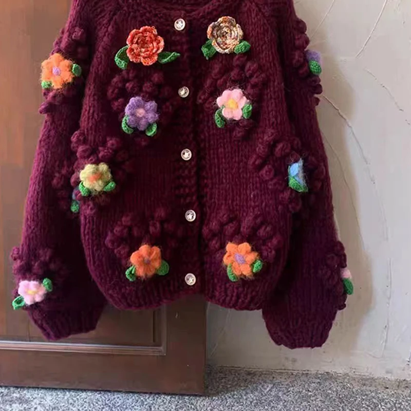 الخريف الشتاء سميكة واحدة الصدر سيدة س الرقبة سترة أعلى 3D الأبعاد زهرة الديكور المرأة الرجعية سترة معطف #3