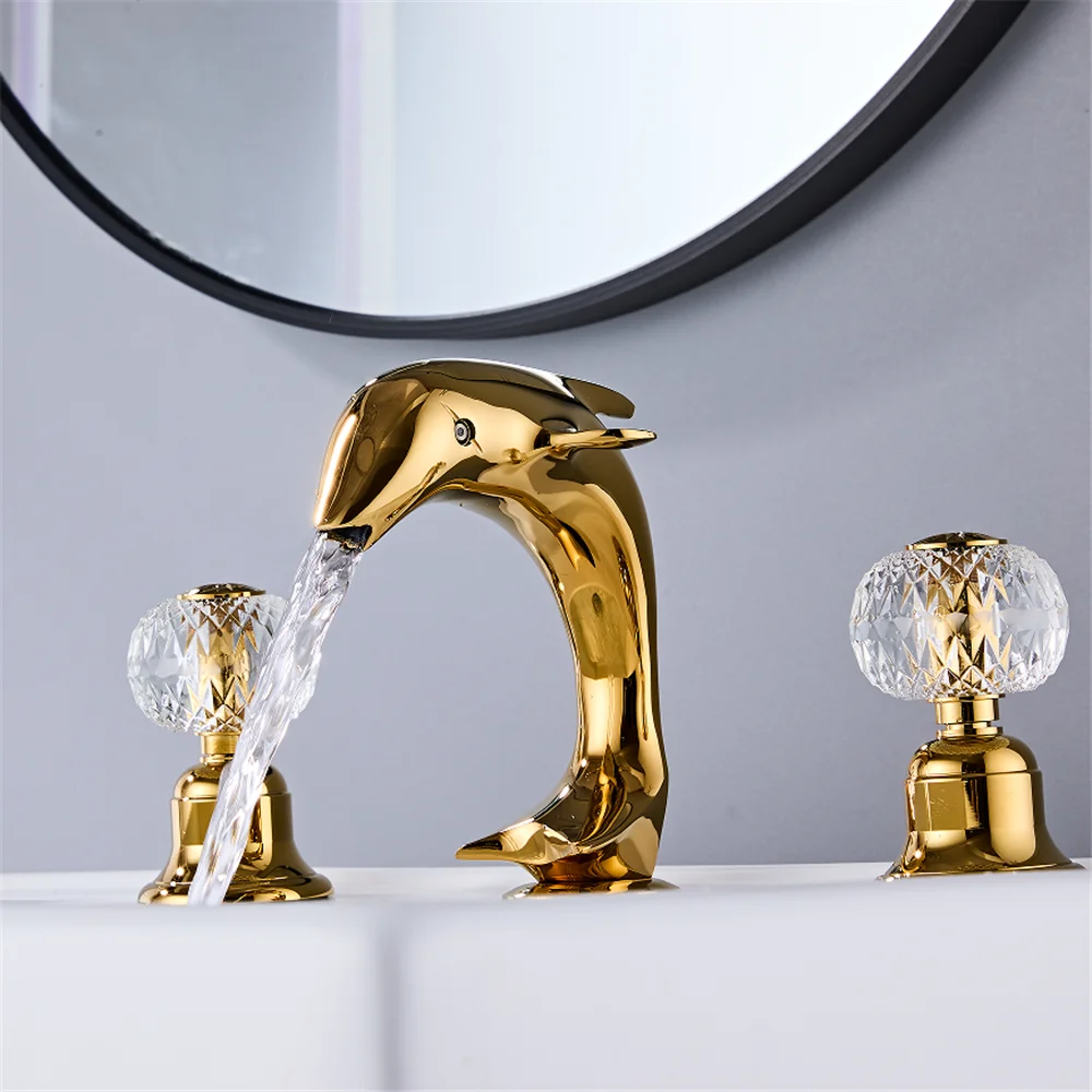 Dolphin Bathroom faucet widespread Gold Basin faucet  Tap luxury Basin Mixer Hot And Cold shower room sink Faucet