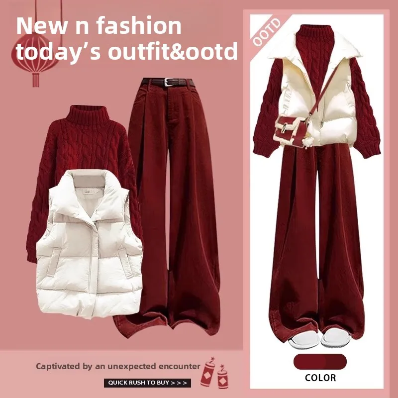 

Autumn Winter Women's Fashion Set Red Sweater Warm Vest Casual Pants Three-piece Suit Cotton Long Sleeve round Neck Winter Wear