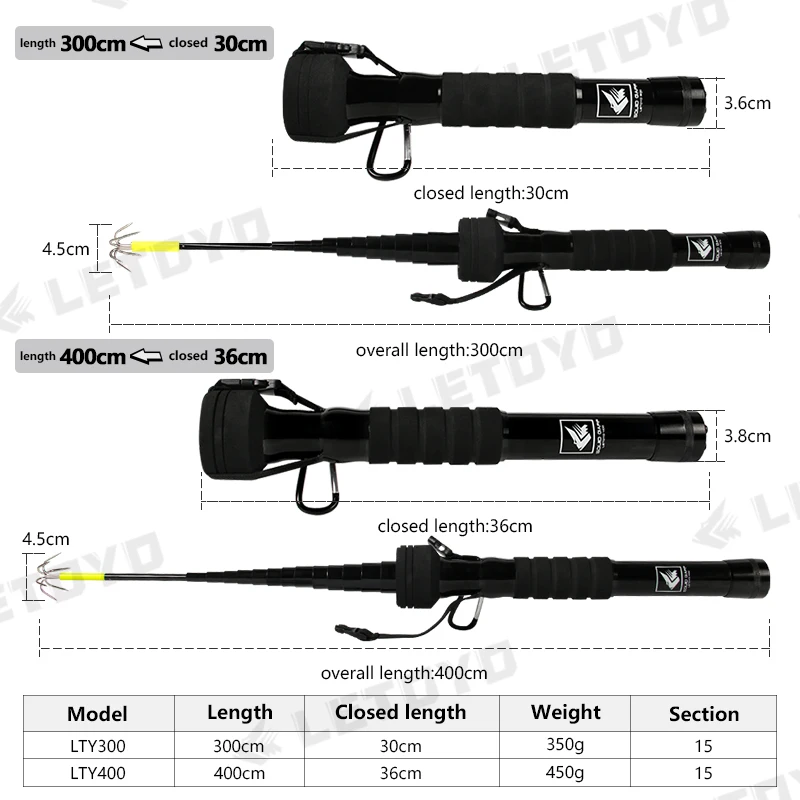 Letoyo lula gaff seis ganchos de aço inoxidável prevenção da corrosão anzol retrátil pesca comprimento total 3m/4m