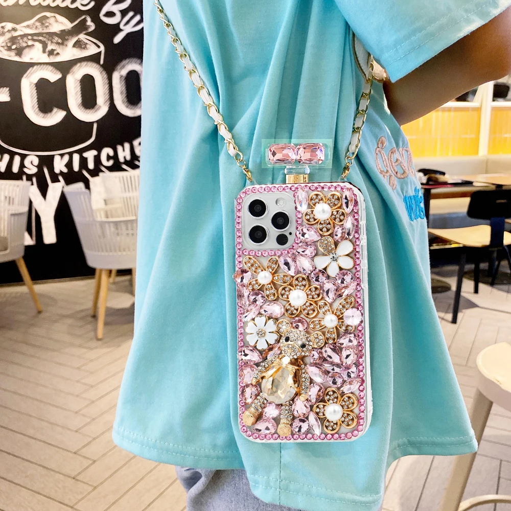Luxury Sparkling perfume Bottle Diamond Case For iPhone 11 12 13 14 15 16 Plus Pro XS Max X XR 7 8 Plus Strap Cover for Women