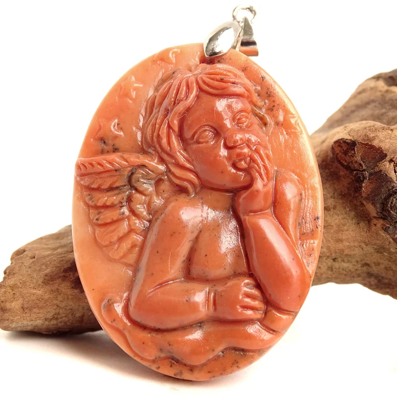 Natural Picasso Jasper Oval Cameo Pendant,Relief Carved Winged Cherub Charm, ketting dames for  Ladies' Party Jewelry E14201